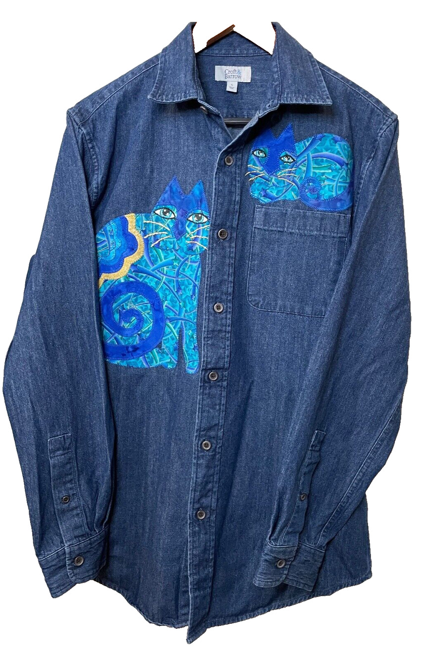 100% Cotton Croft & Barrow Blue Cat Patchwork Long Sleeve Button Down Size S